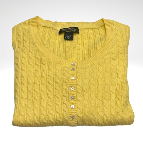 Eddie Bauer Scoop Neck Cable Knit Henley Sweater Pullover Womens Large Yellow - Picture 5 of 8